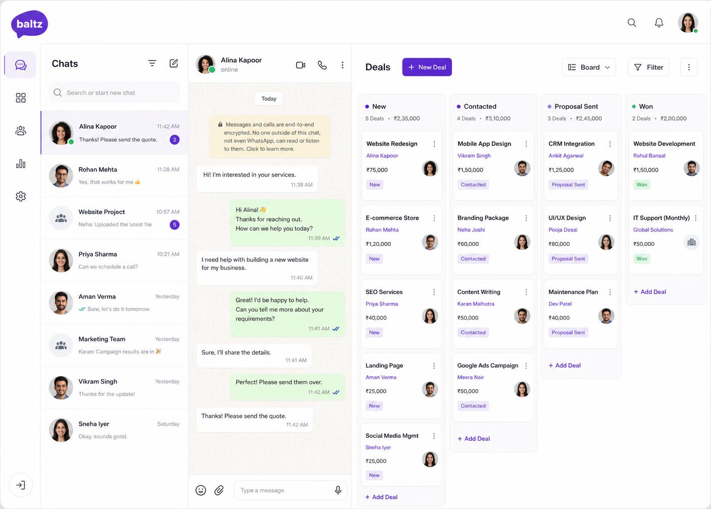 WhatsApp Web com o CRM em Kanban do BALTZ CRM aberto ao lado das conversas